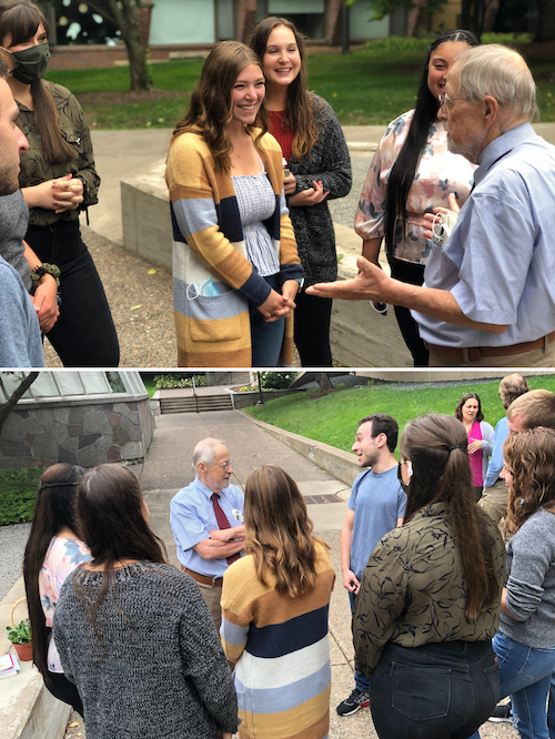 Photos side-by-side of Dr. Boulger interacting with medical students in the Courtyard