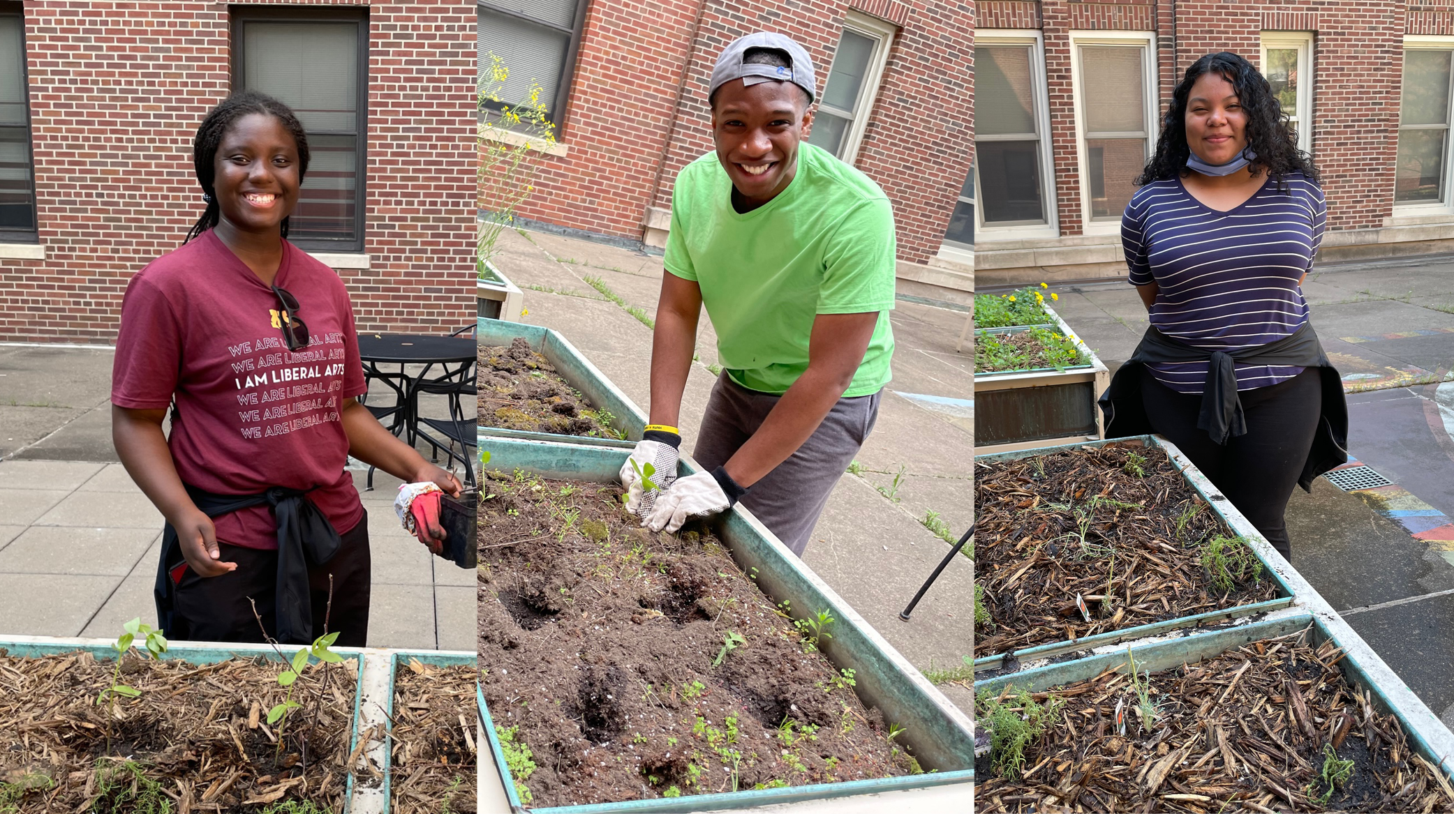 Image of U of M students gardening in a campus space.