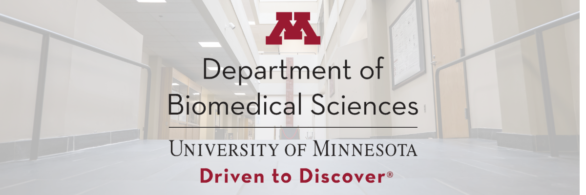 Biomedical Sciences Logo overlaid upon an image of the entrance to the medical school building