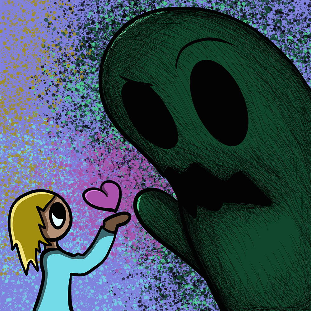 An illustration of a little girl handing a heart to a ghost.
