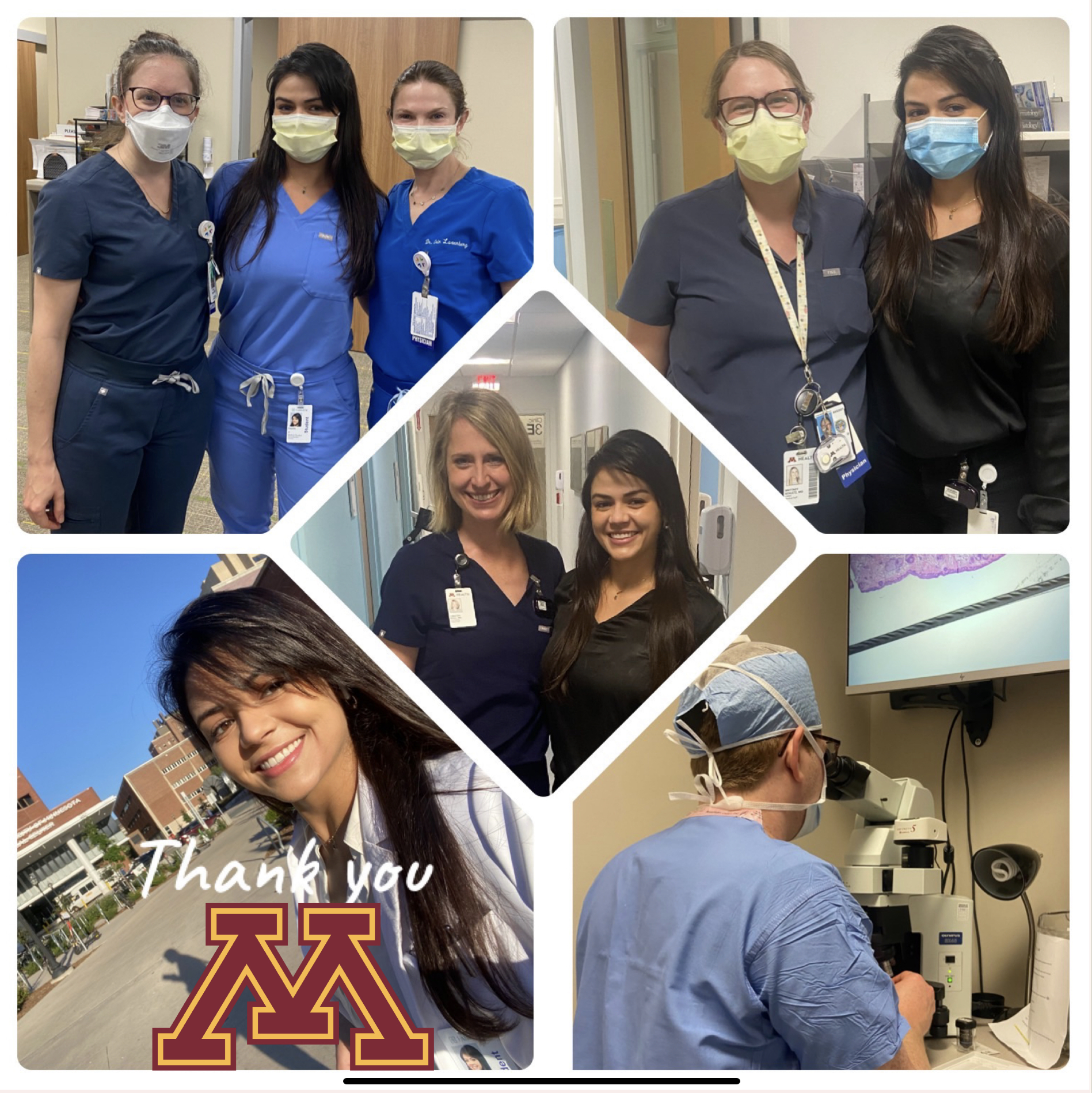 Collage of photos with Camilla Jaramillo smiling in front of the University of Minnesota Medical School and with her faculty mentors. 