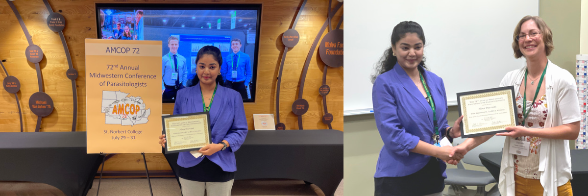 Hina Durrani pictured with her award on left, Hina Durrani receiving award on right.