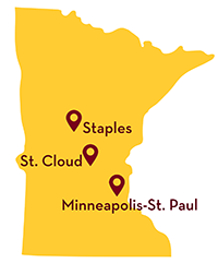 Gold state of Minnesota showing Staples an hour northwest of St. Cloud