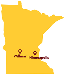 Map of Minnesota showing the city of Willmar in relation to Minneapolis