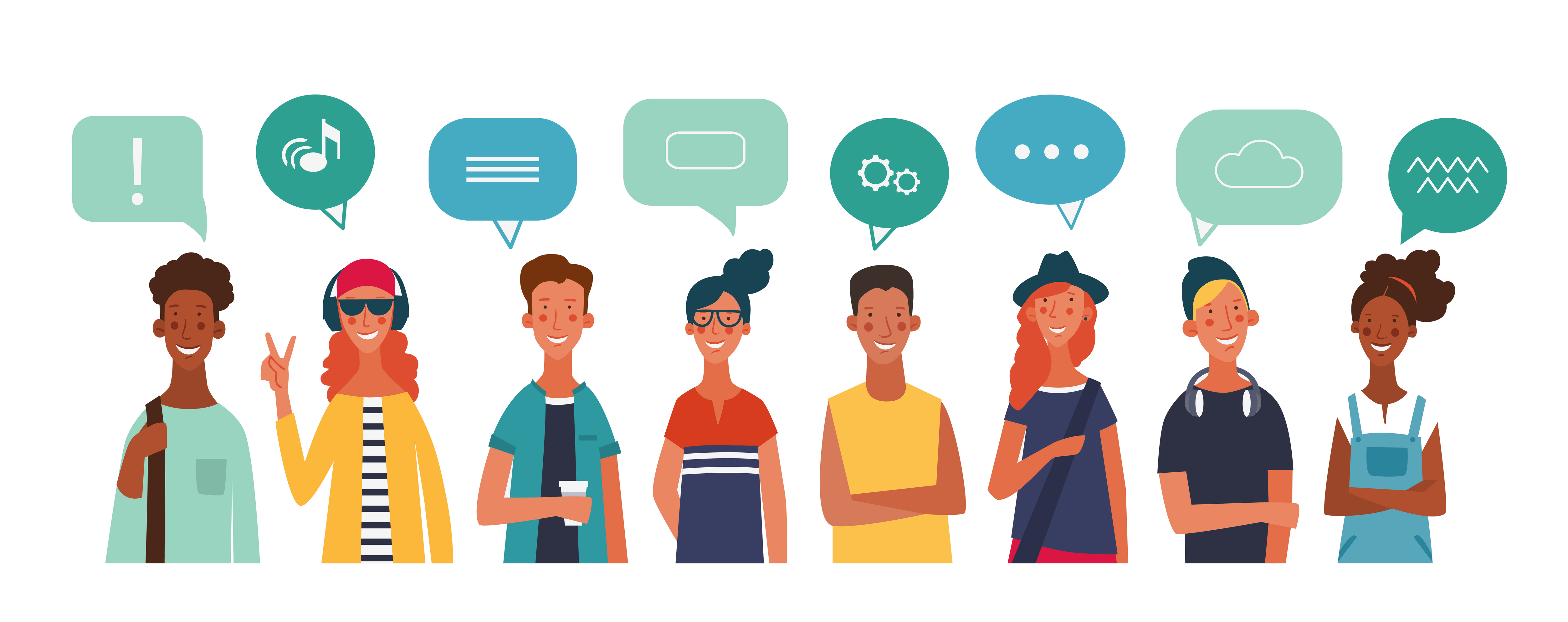Illustration of a group of diverse young people with colorful dialog speech bubbles. 