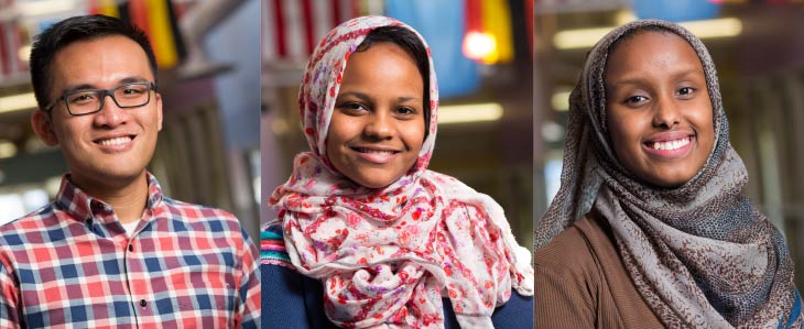 Huy Donguyen, Sabrina Ali, and Ramla Mohamud enjoyed getting to know each other over the past four years through a mentoring program. This spring they’ll attend each other’s graduation ceremonies.