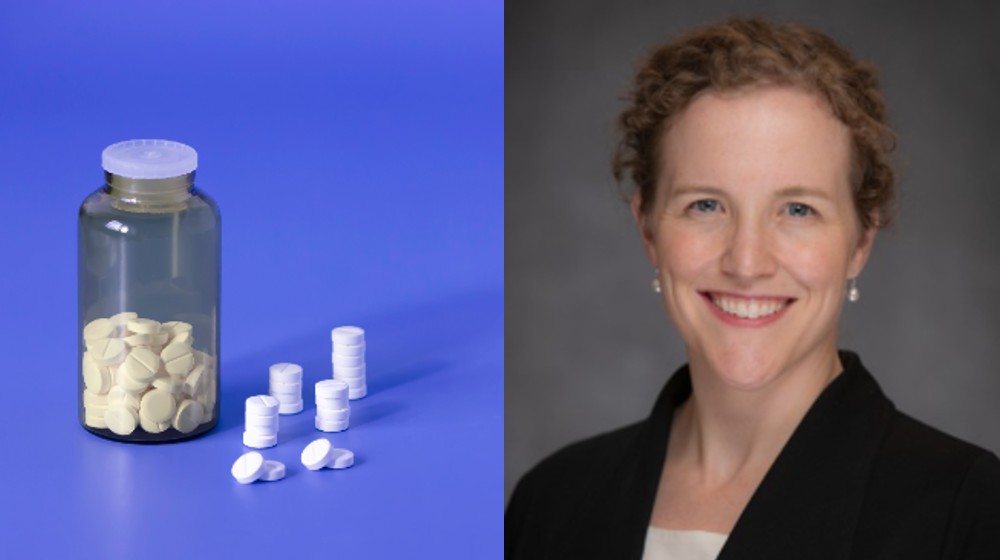 Portrait of Dr. Carolyn Bramante alongside image of pill bottle.