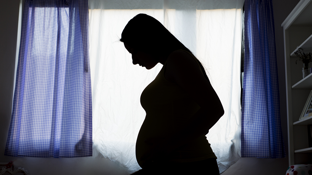 A silhouette of a pregnant woman in front of a large window.