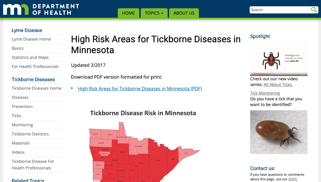 Screenshot of MN Department of Health Website
