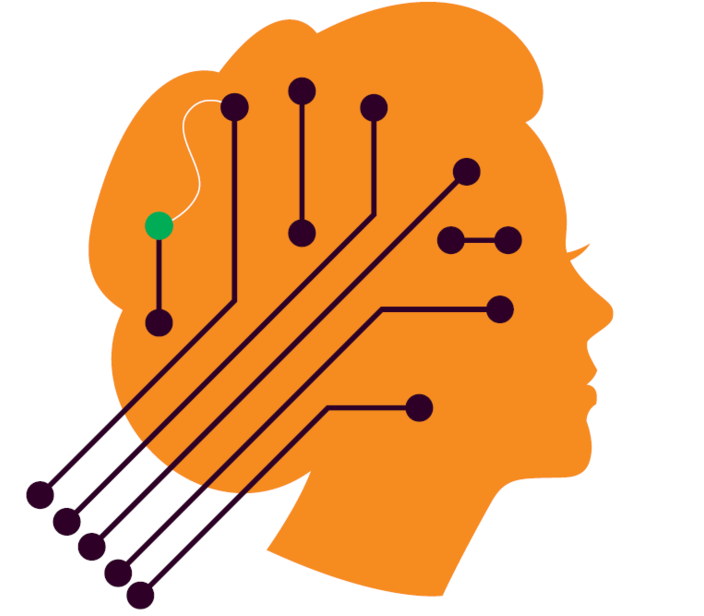 Illustration of a woman's head and circuits overlapping.