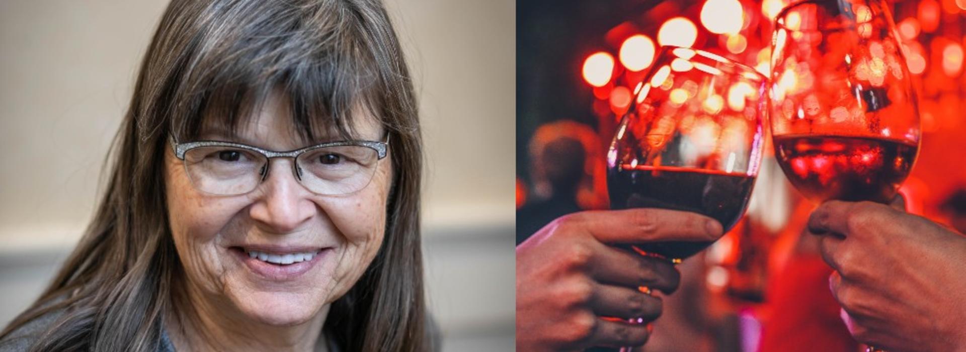 Portrait of Dr. Sheila Specker next to picture of two people clinking wine glasses. 
