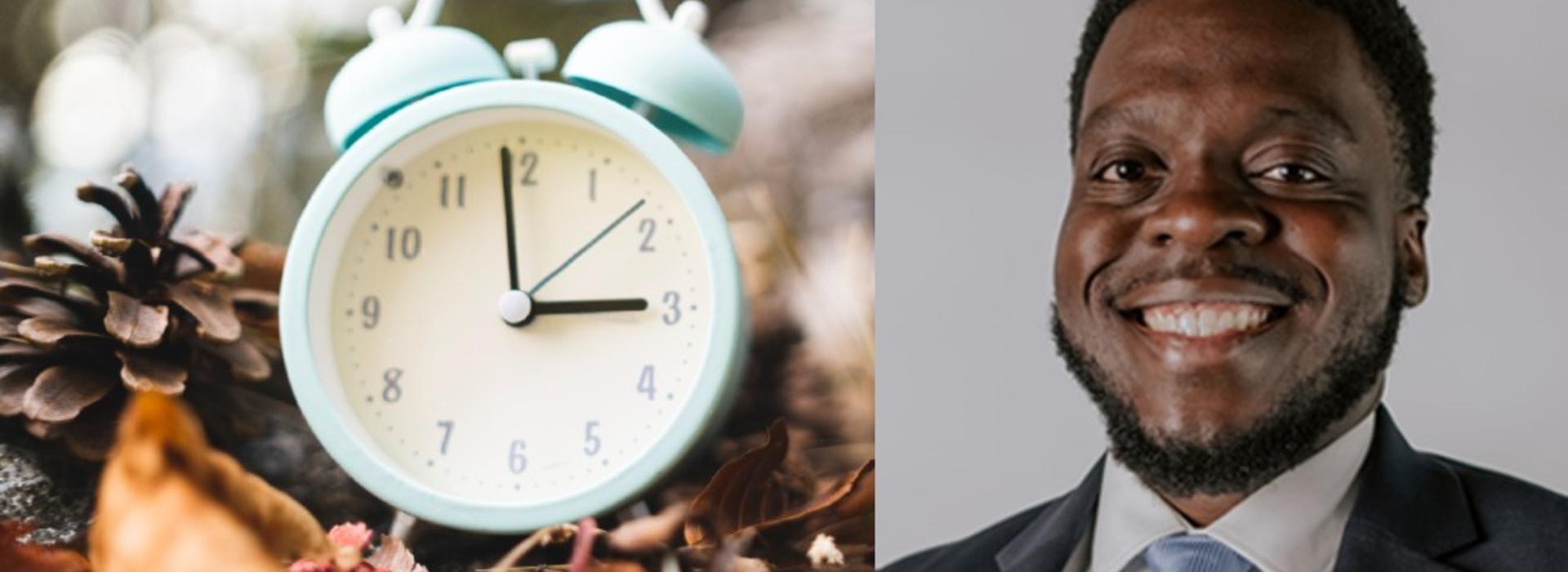 Picture of Dr. Akinbolaji Akingbola next to picture of clock surrounded by fall leaves.