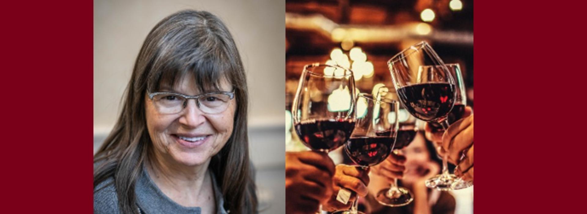 Photo of Sheila Specker next to image of people with wine glasses. 