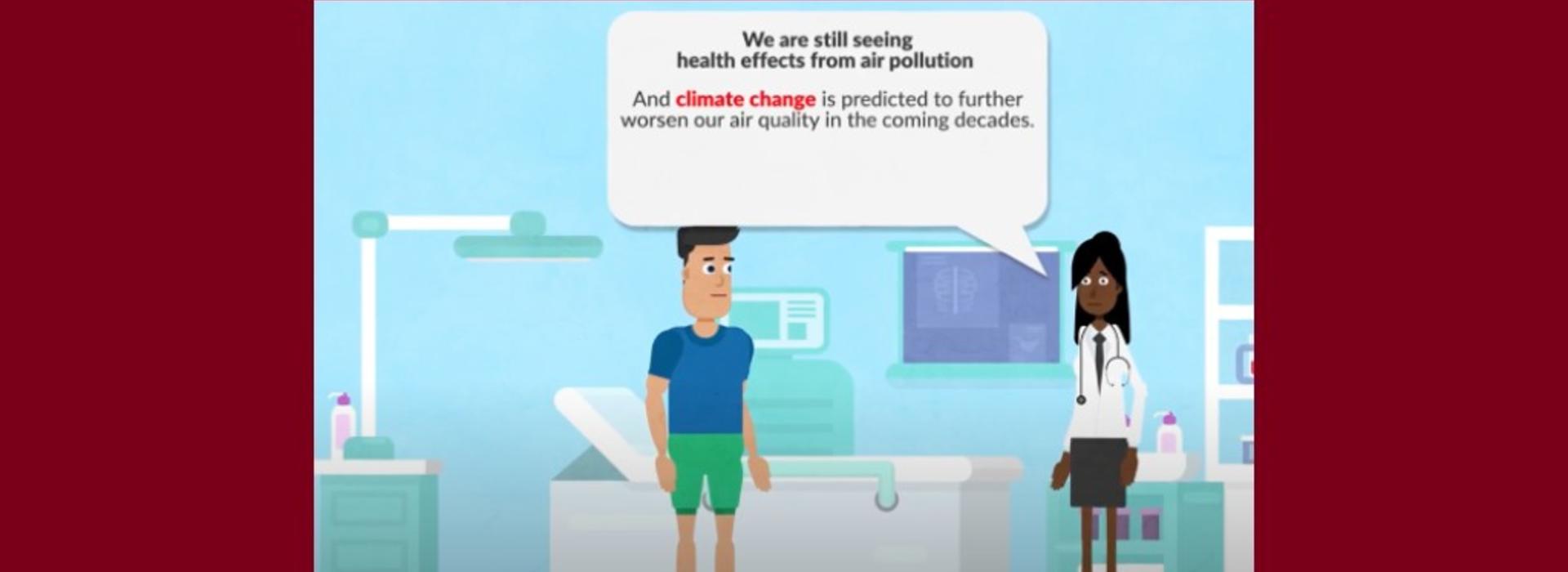Cartoon of patient and doctor talking about the impact of air pollution on health