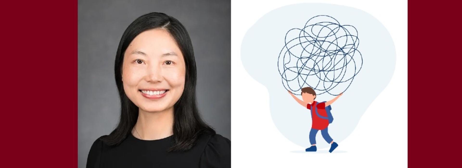 Headshot of Lidan Gu next to a diagram of a student experiencing anxiety. 