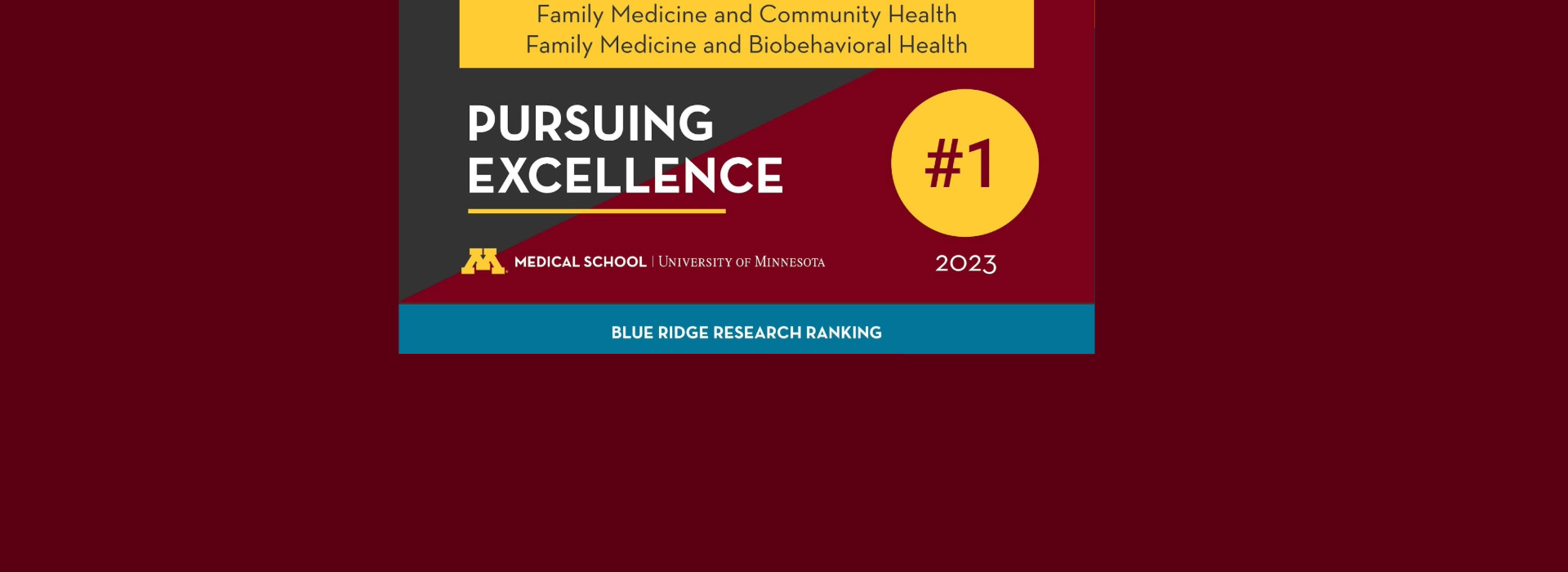 Family medicine across the University of Minnesota Medical School, among all family medicine departments in the United States, has achieved the top Blue Ridge Ranking for NIH funding and is now nationally ranked #1.