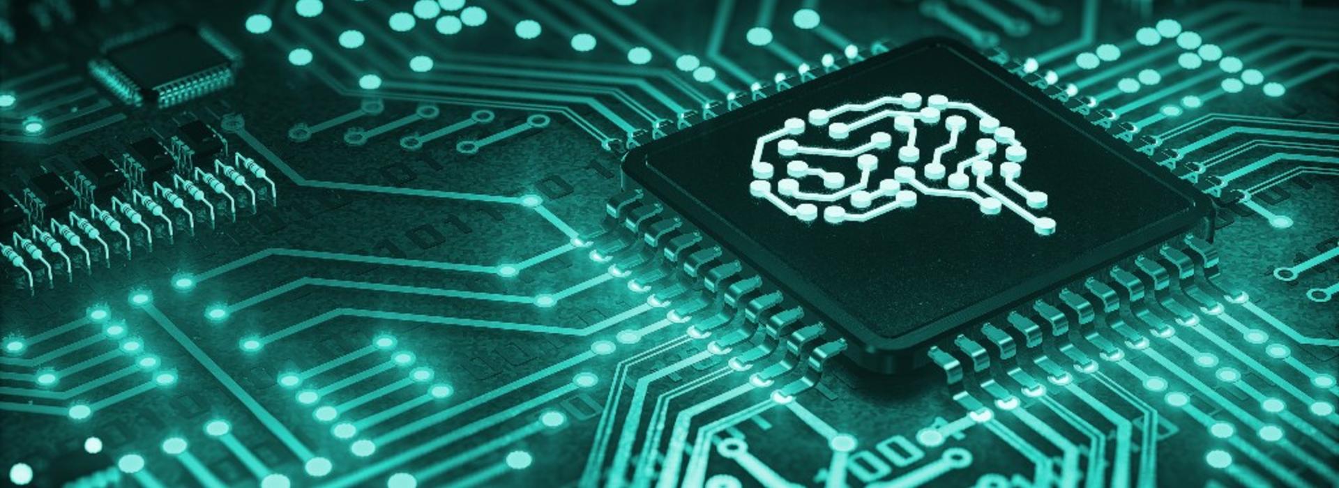 Image of computer chip with brain cartoon. 