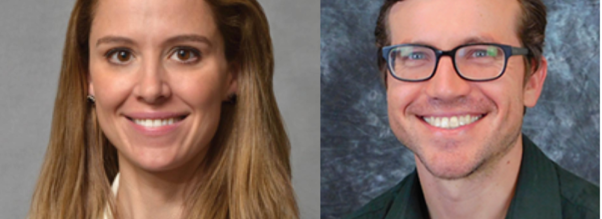 Two headshots of physicians smiling. On the left is Bronwyn Southwell, a young woman. On the right is Zach Kaltenborn, a young man with glasses.