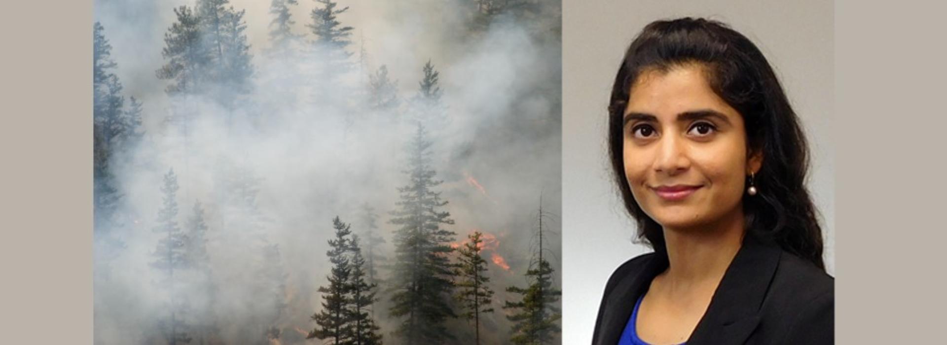 Alt text: On the left, fire in a pine forest. On the right, headshot of Dr. Laalitha Surapaneni. Credit: Getty Images and University of Minnesota.