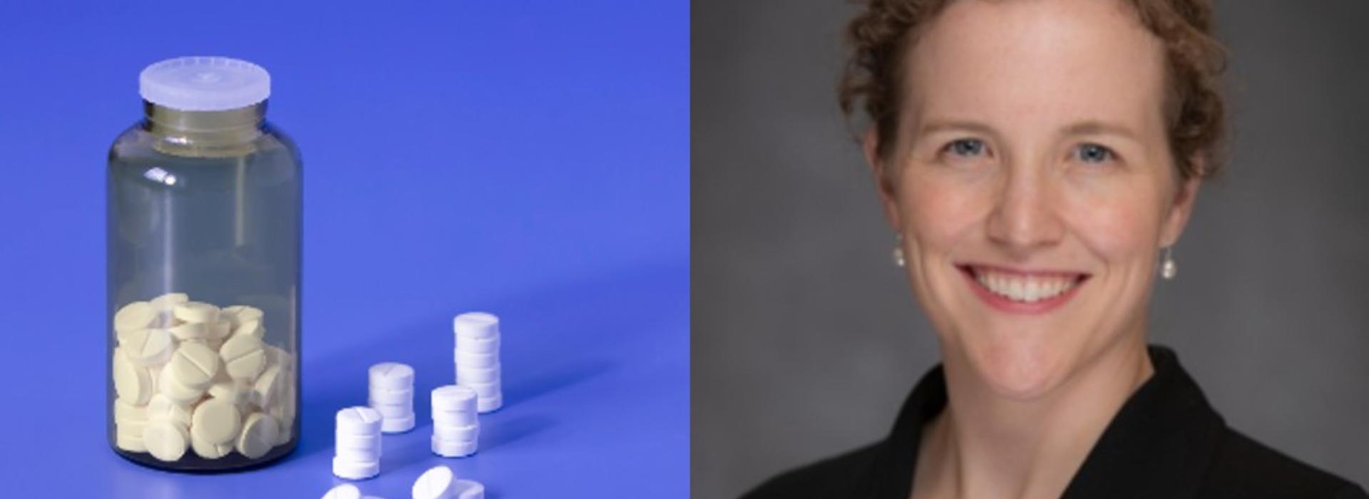 Portrait of Dr. Carolyn Bramante alongside image of pill bottle.