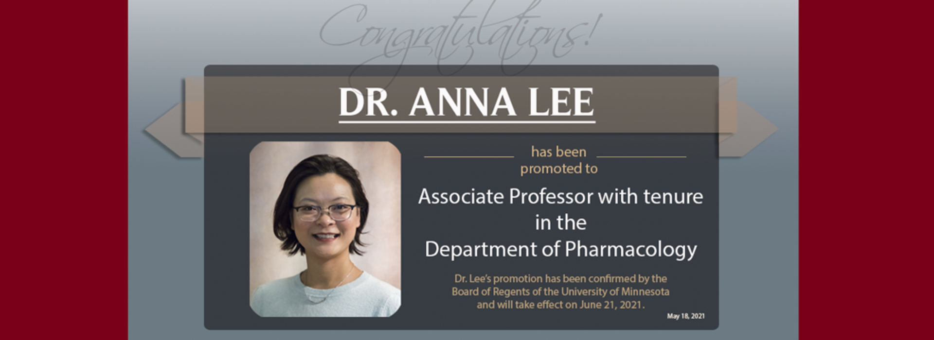 Portrait of Dr. Anna Lee with congratulatory text
