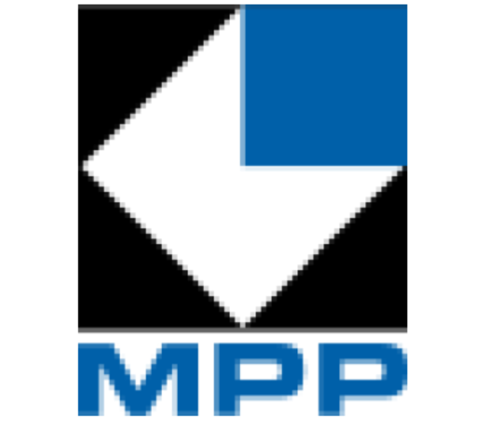 Logo of a black square with a white diamond positioned vertically inside it. In the top right quarter is a smaller blue square. Beneath the logo is bold text that says "M P P"