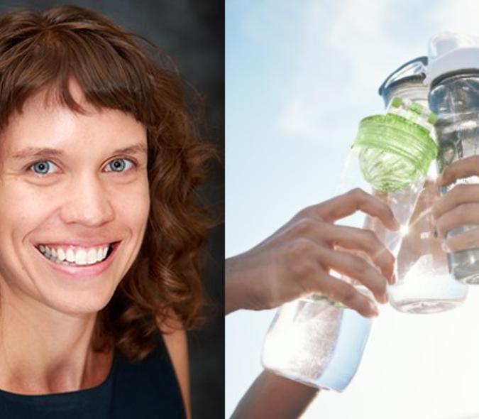 Headshot of Dr. Katie Loth next to image of three people holding water bottles. 