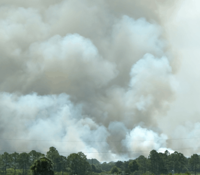 open field with wildfire in background