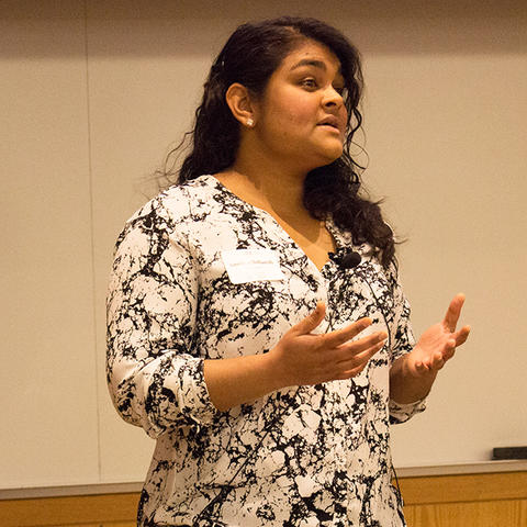 Amritha Yellamilli speaks at the 3-Minute Thesis competition.