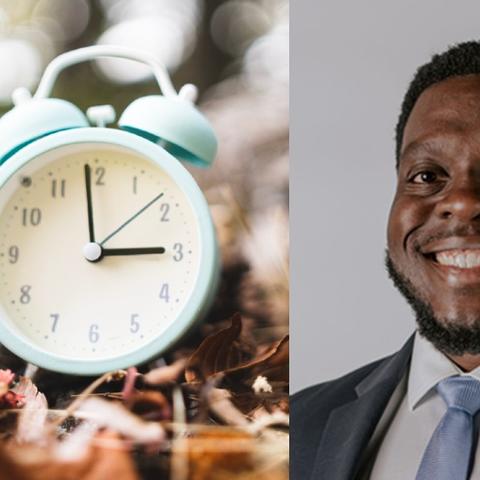 Picture of Dr. Akinbolaji Akingbola next to picture of clock surrounded by fall leaves.