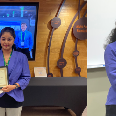 Hina Durrani pictured with her award on left, Hina Durrani receiving award on right.