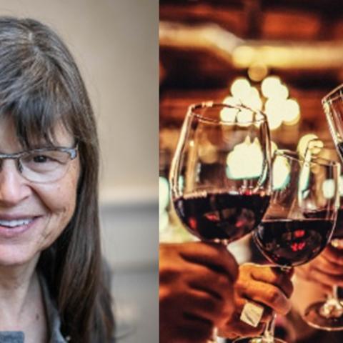 Photo of Sheila Specker next to image of people with wine glasses. 