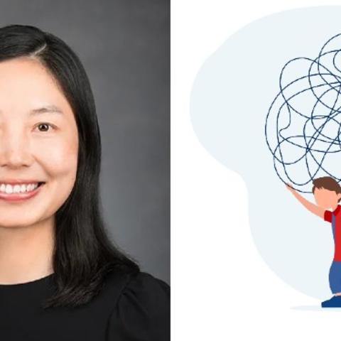 Headshot of Lidan Gu next to a diagram of a student experiencing anxiety. 