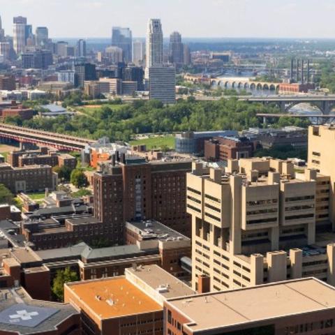 Medical School campus with Minneapolis skyline in the background. 