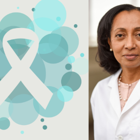 Cervical cancer awareness ribbon and portrait of Dr. Rahel Ghebre. 