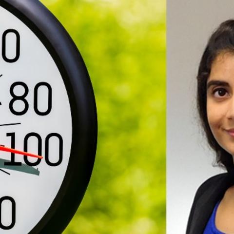 Image of thermometer at 100F next to headshot of Dr. Laalitha Surapaeni