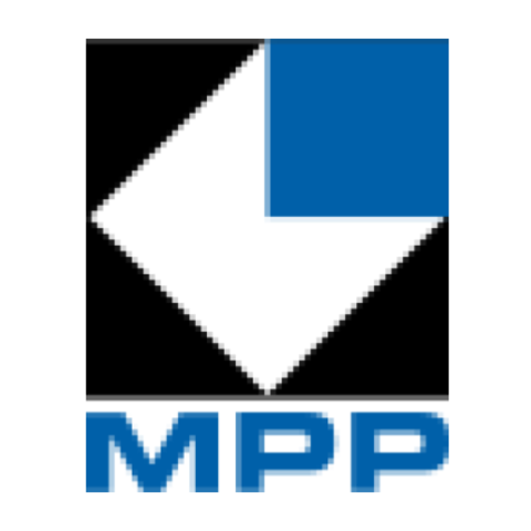 Logo of a black square with a white diamond positioned vertically inside it. In the top right quarter is a smaller blue square. Beneath the logo is bold text that says "M P P"