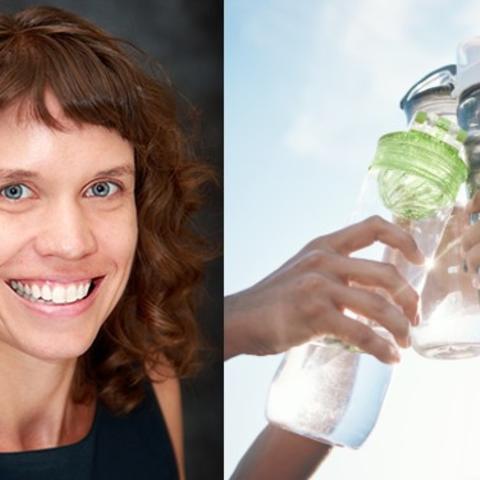 Headshot of Dr. Katie Loth next to image of three people holding water bottles. 