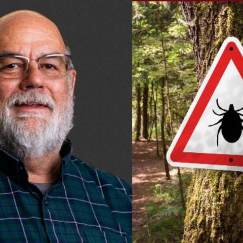 Side-by-side photos of Dr. Benjamin Clarke and a sign warning of ticks. 