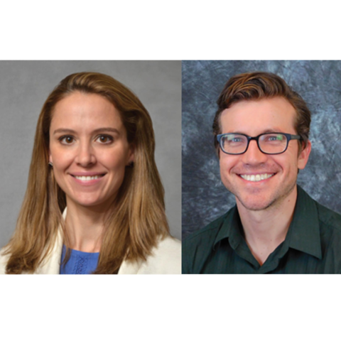 Two headshots of physicians smiling. On the left is Bronwyn Southwell, a young woman. On the right is Zach Kaltenborn, a young man with glasses.