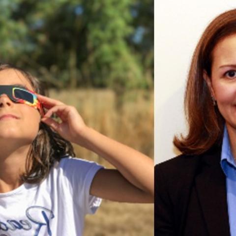 Image of young girl using solar eclipse glasses next to portrait of Dr. Sandra Montezuma