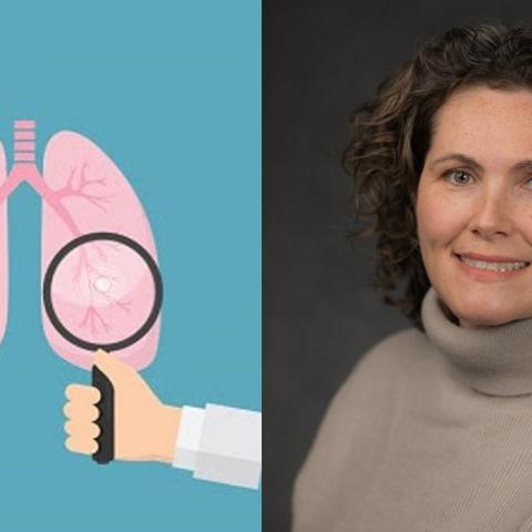 Portrait of Dr. Abbie Begnaud next to graphic of lungs being inspected by doctor. 