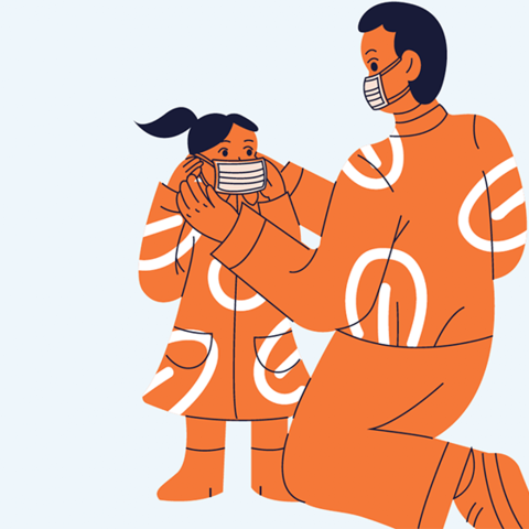 An illustration of a parent and child putting on the child's mask.